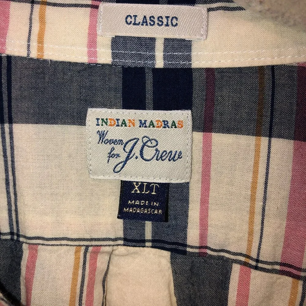 J. Crew Indian Madras woven blue pink plaid button down shirt XLT